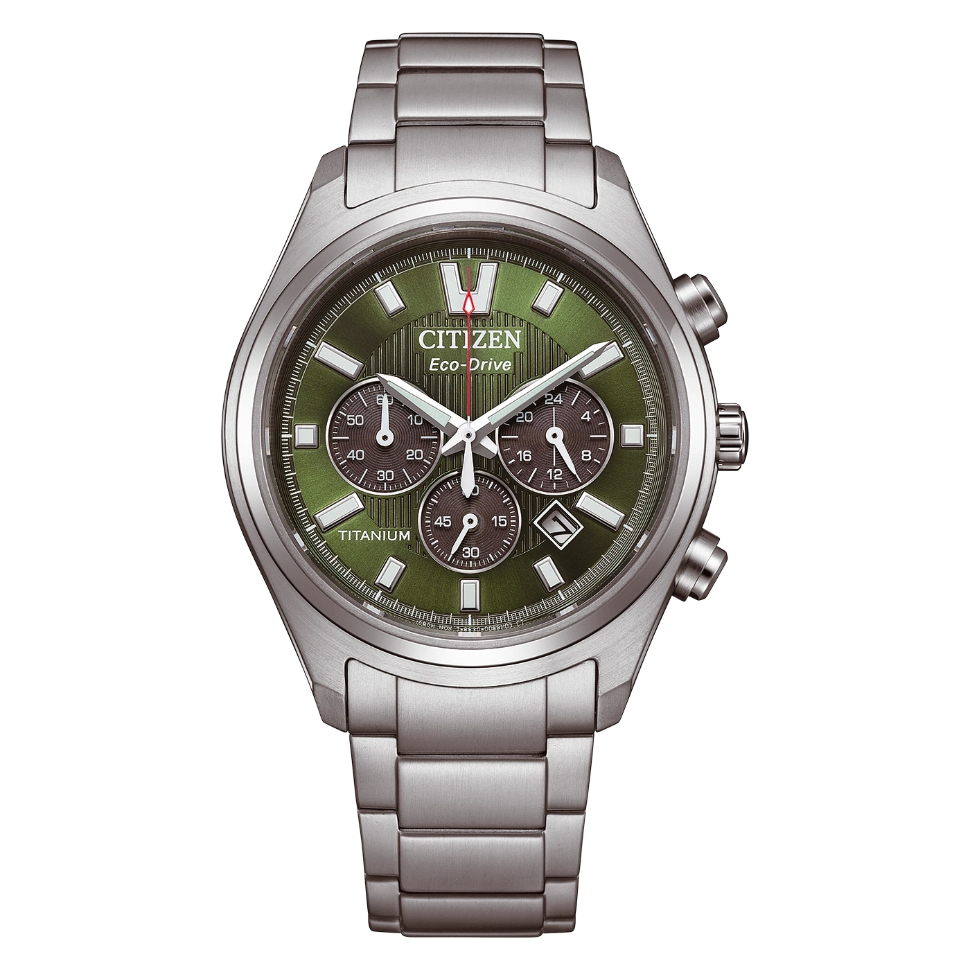 Een close-up van een zilveren Citizen Eco-Drive horloge met een groene wijzerplaat en titanium band.