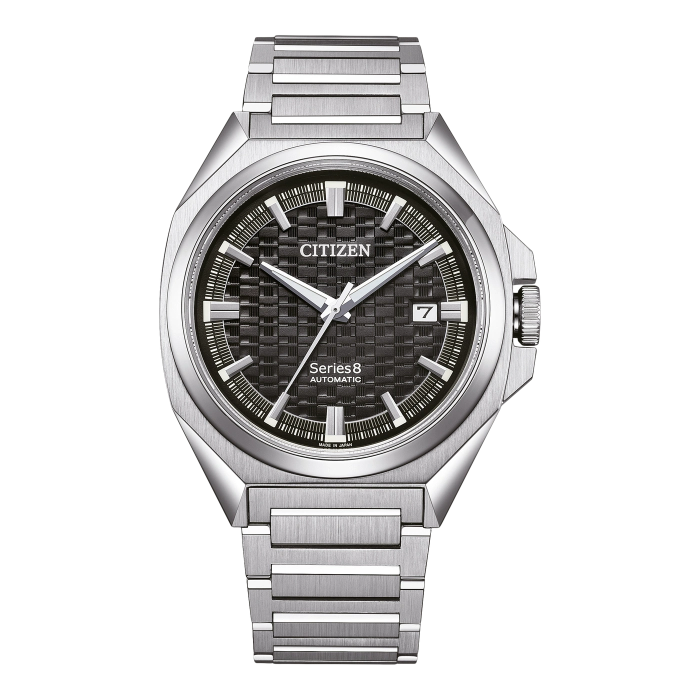 Citizen Series 8 automatisch horloge met zwarte wijzerplaat en stalen armband.