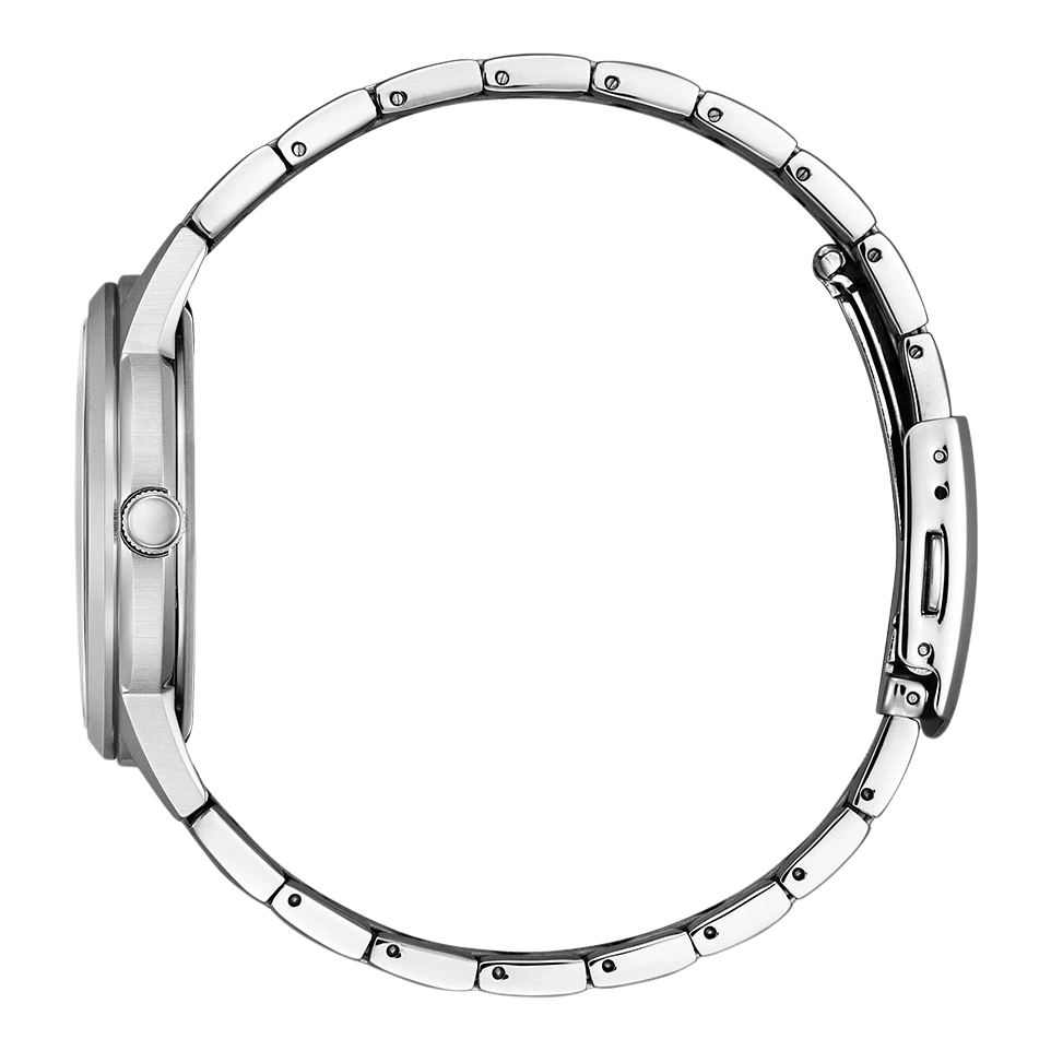 Zijaanzicht van een zilveren polshorloge met metalen band, elegant design.