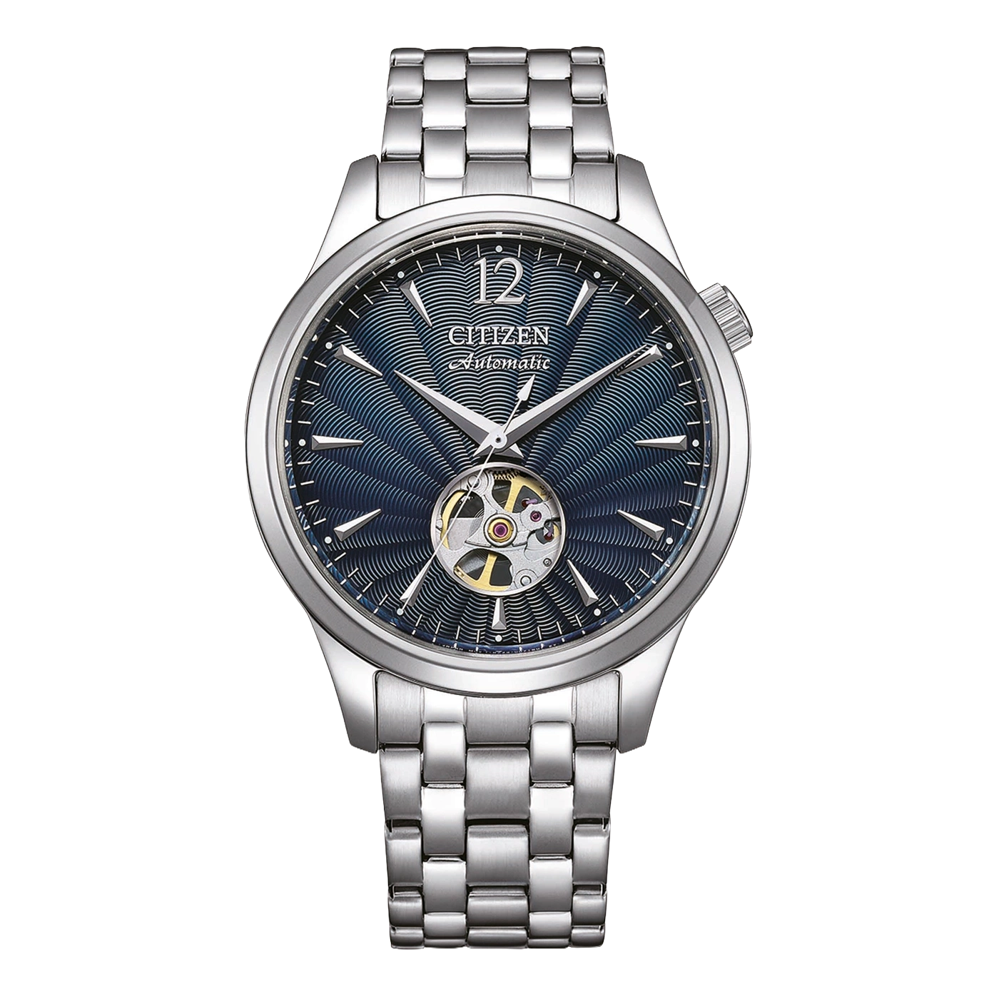 Een Citizen automatische horloge met een blauwe wijzerplaat en zilveren band.