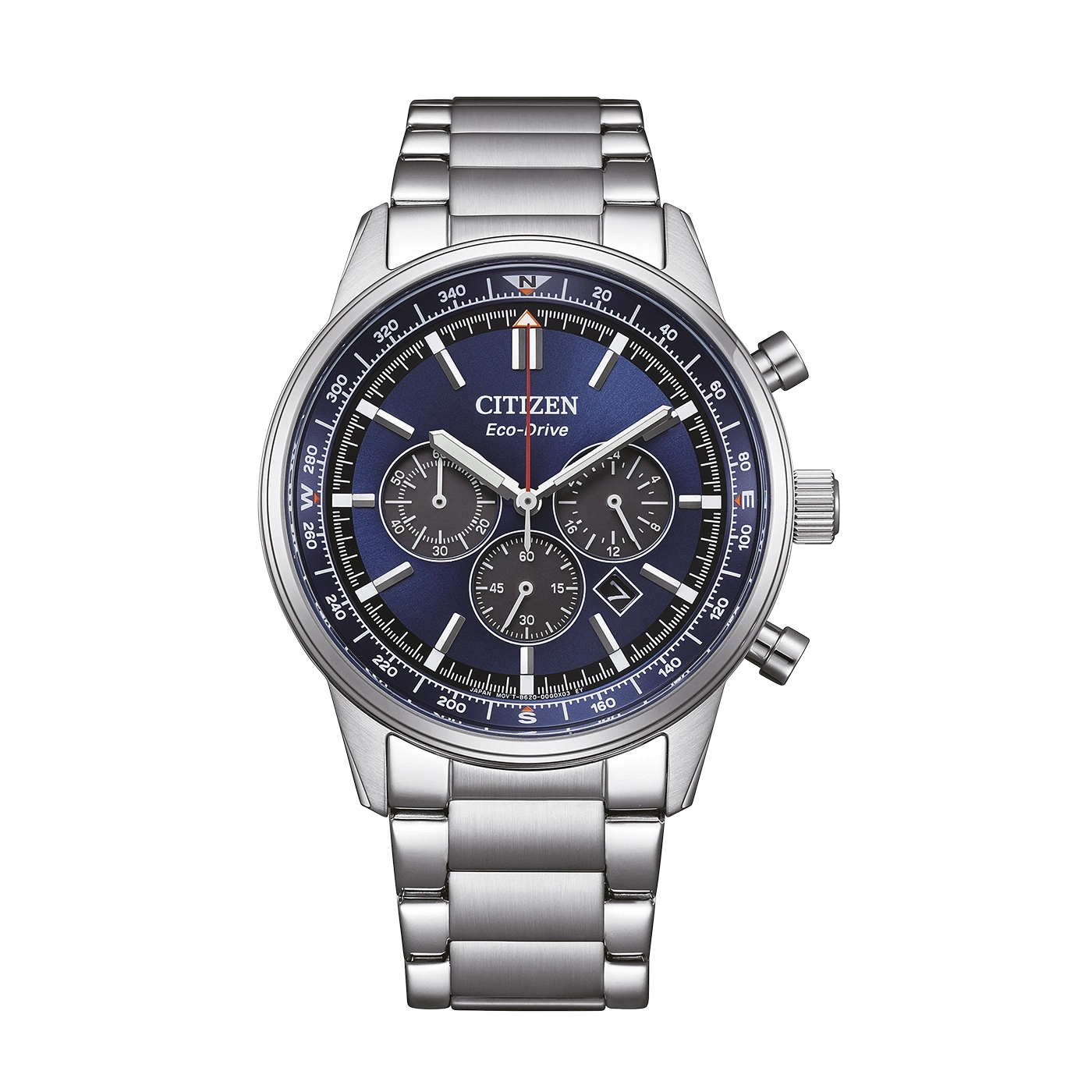 Een Citizen Eco-Drive chronograaf horloge met blauwe wijzerplaat en roestvrijstalen band.