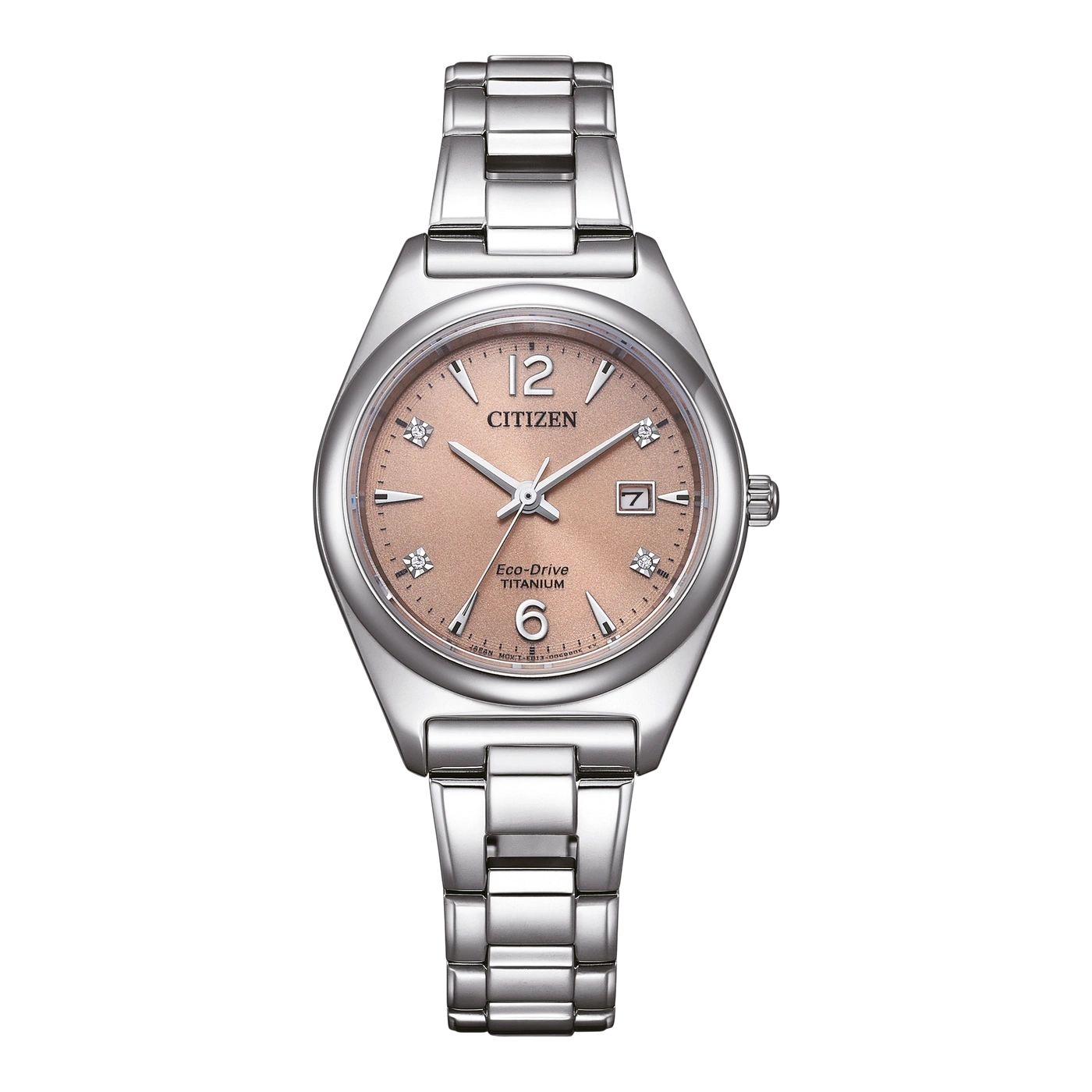 Citizen Eco-Drive Titanium horloge met roze wijzerplaat en zilveren armband.