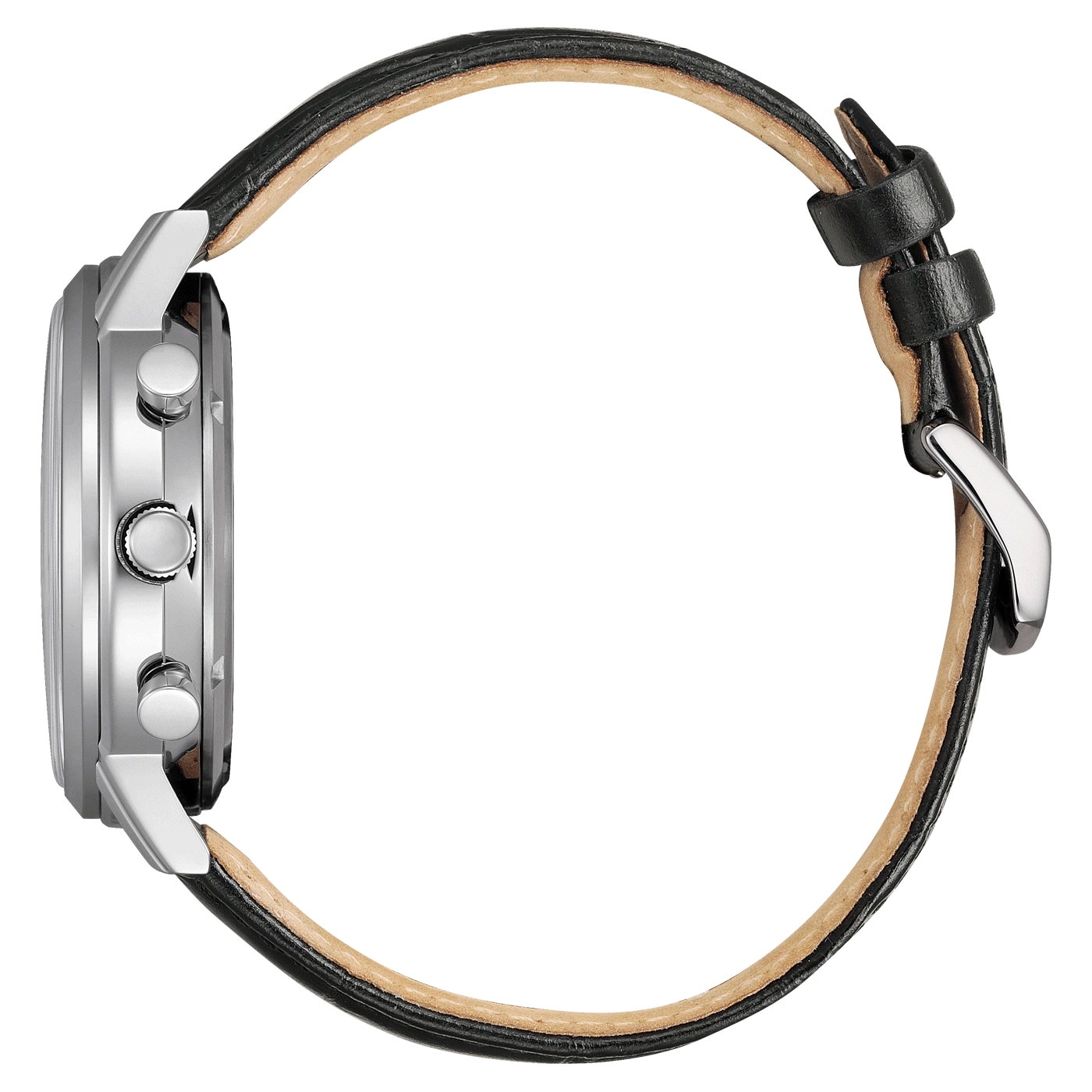 Zijaanzicht van een zilveren horloge met een zwarte leren band.