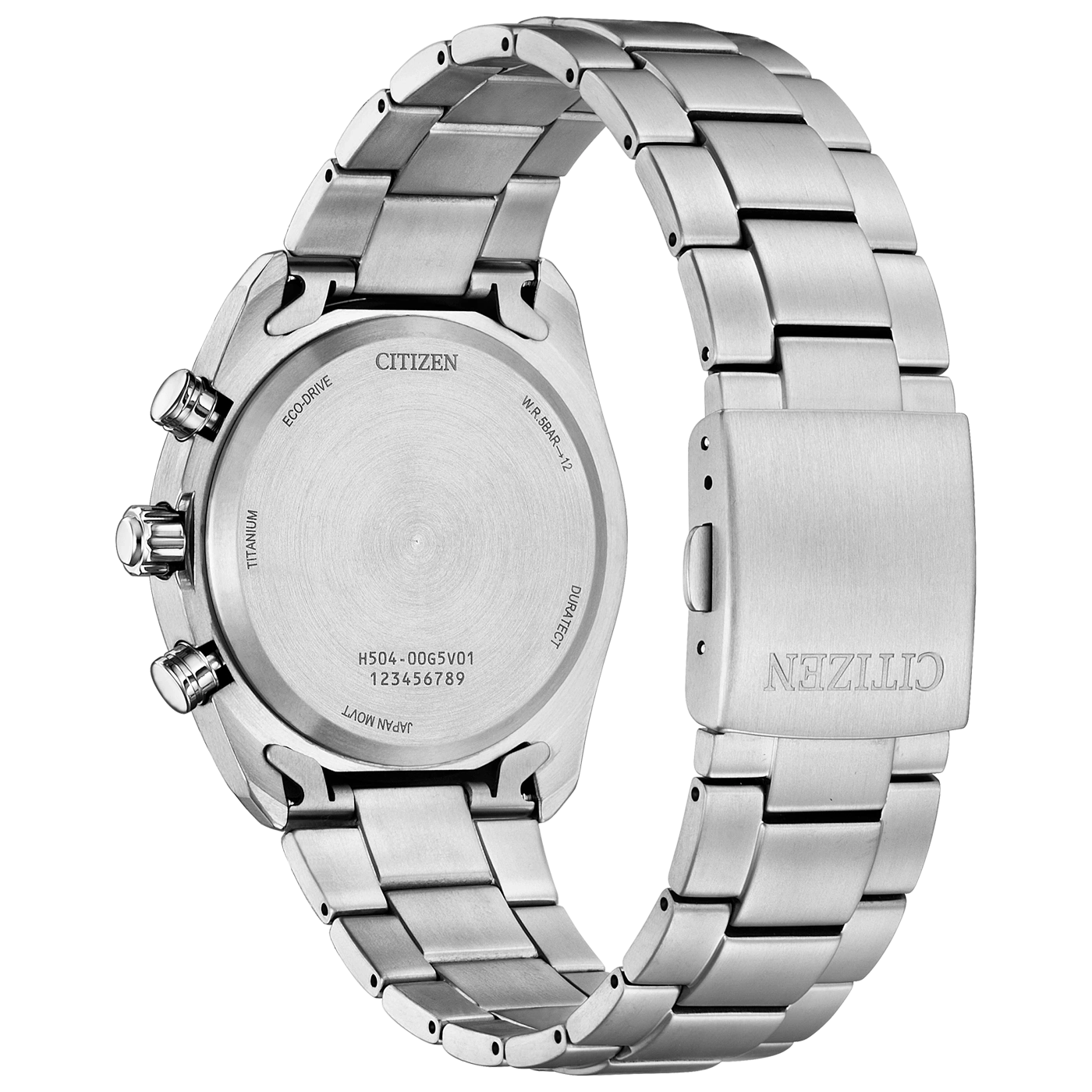Achterkant van een geborsteld zilveren Citizen Eco-Drive horloge met tekst.