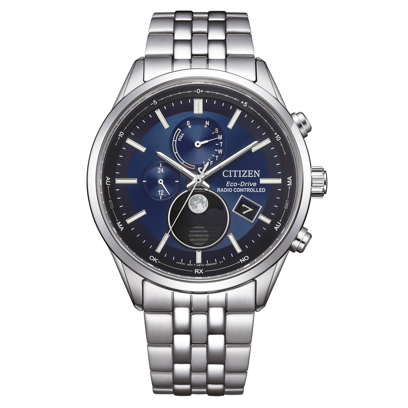 Citizen Eco-Drive horloge met blauwe wijzerplaat, zilveren band en meerdere wijzerplaten.