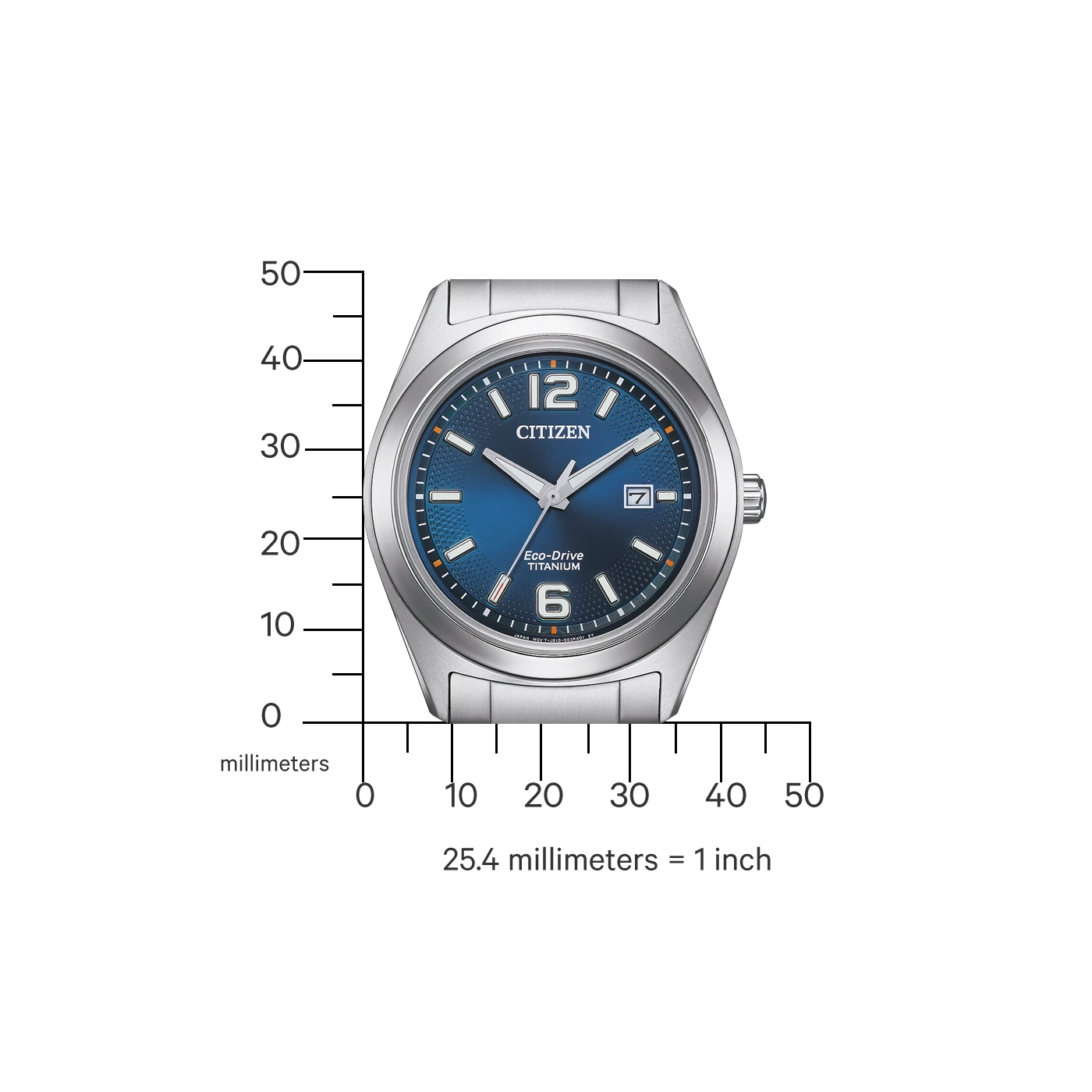 Citizen horloge met blauwe wijzerplaat, titanium, Eco-Drive en datumweergave.