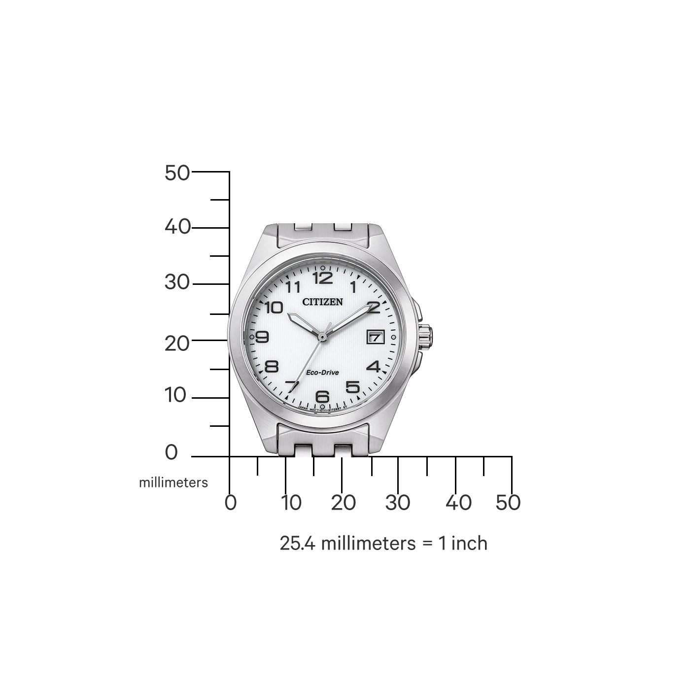 Zilveren Citizen horloge met witte wijzerplaat, cijfers en Eco-Drive tekst.