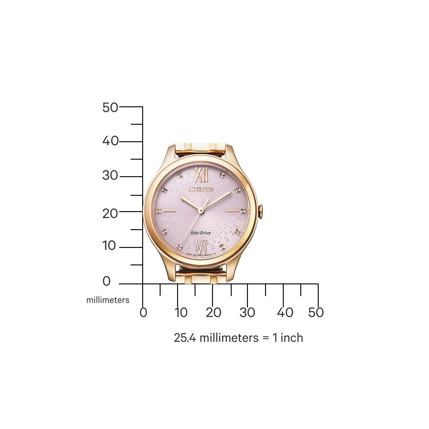 Citizen horloge met gouden kast en roze wijzerplaat, met meetschaal.