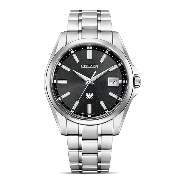 Citizen horloge met zwarte wijzerplaat en zilveren armband, datumweergave.