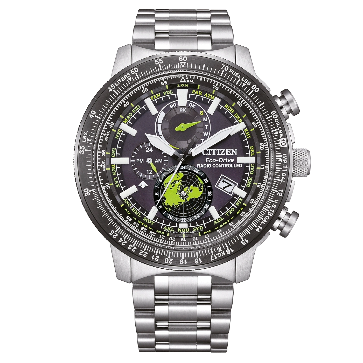 Citizen horloge met zwarte wijzerplaat, zilveren band en meerdere functies voor tijd en luchtvaart.
