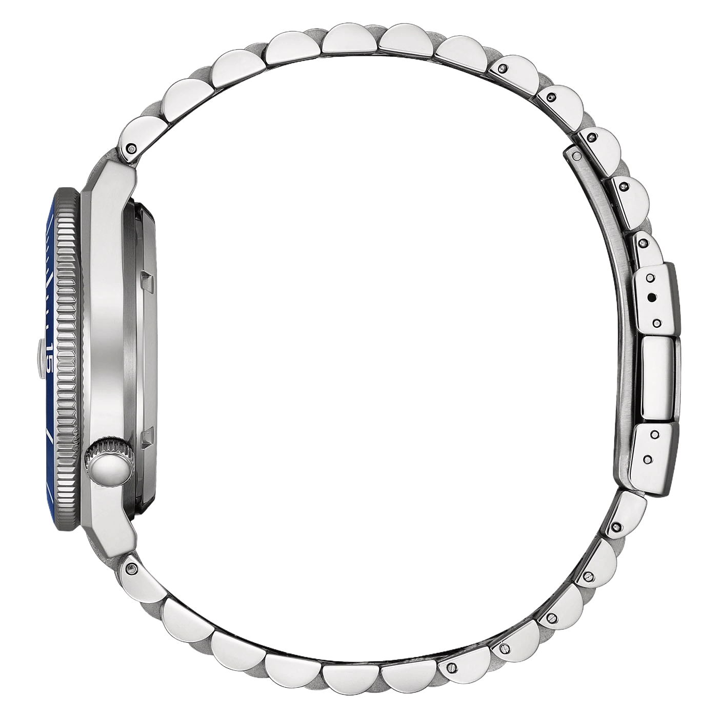 Zijaanzicht van een zilveren horloge met blauwe lunette en metalen band.