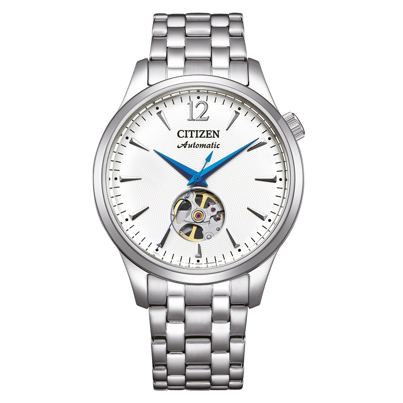 Een Citizen automatisch horloge met een witte wijzerplaat en blauwe wijzers.