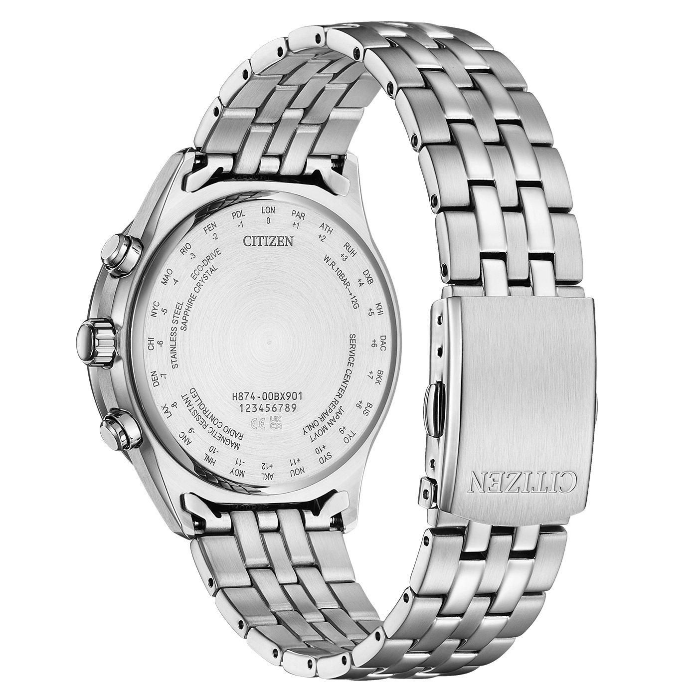 Citizen horlogerug met tijdzone-aanduidingen, roestvrij staal en Eco-Drive-technologie.
