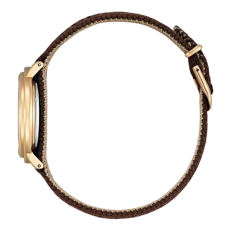 Zijaanzicht van een gouden horloge met een bruin geweven bandje.