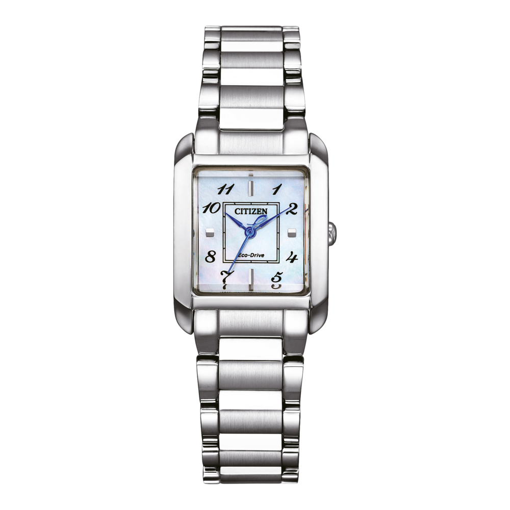 Citizen horloge met rechthoekige wijzerplaat en zilveren band, Eco-Drive technologie.