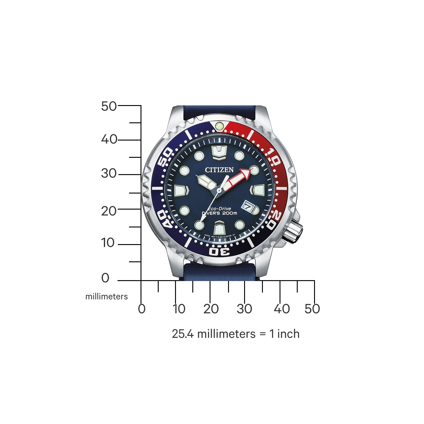 Citizen horloge met blauw en rode bezel, tijd en datum, met schaal in millimeters.
