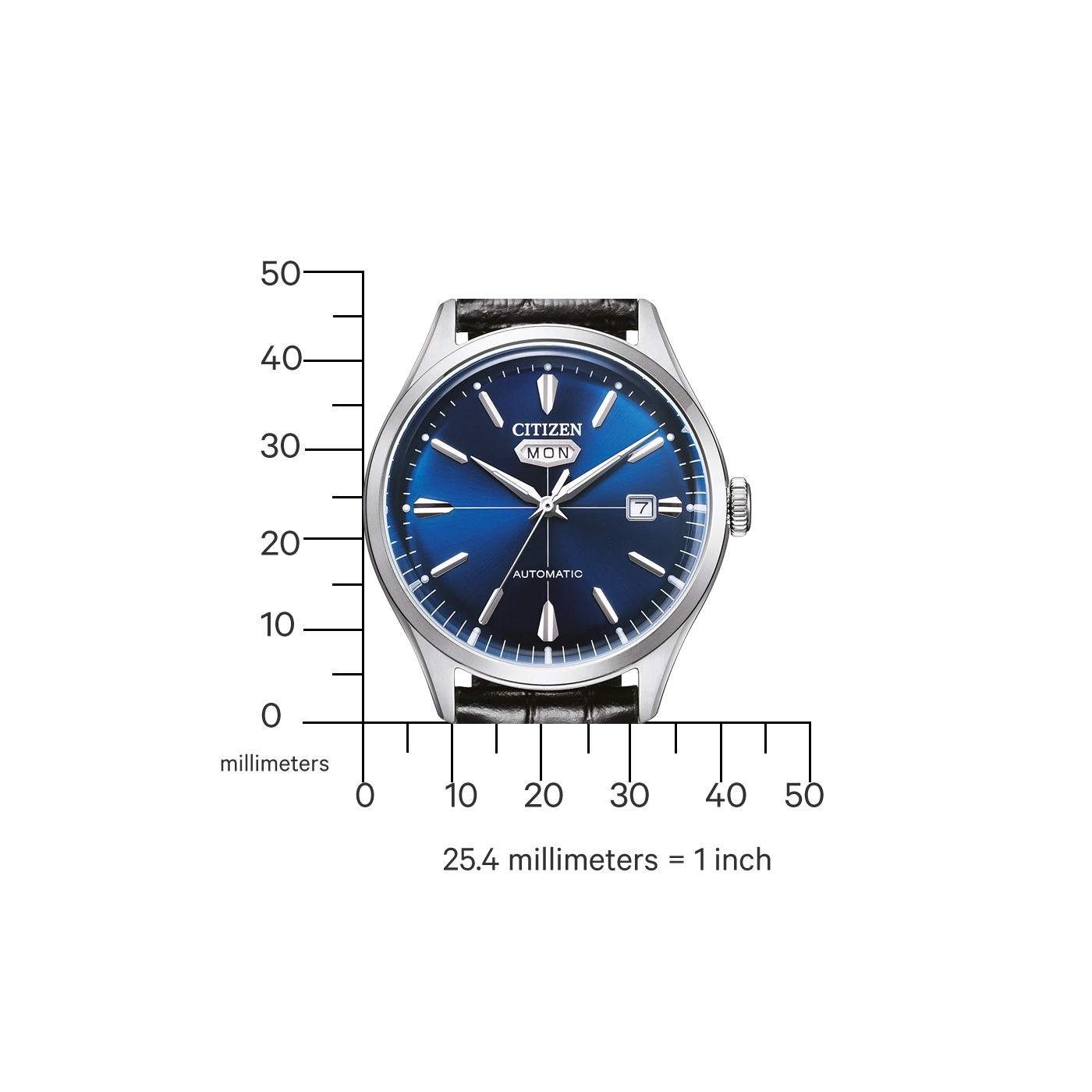 Citizen horloge met blauwe wijzerplaat, automatisch, dag/datum weergave, met zwarte leren band.