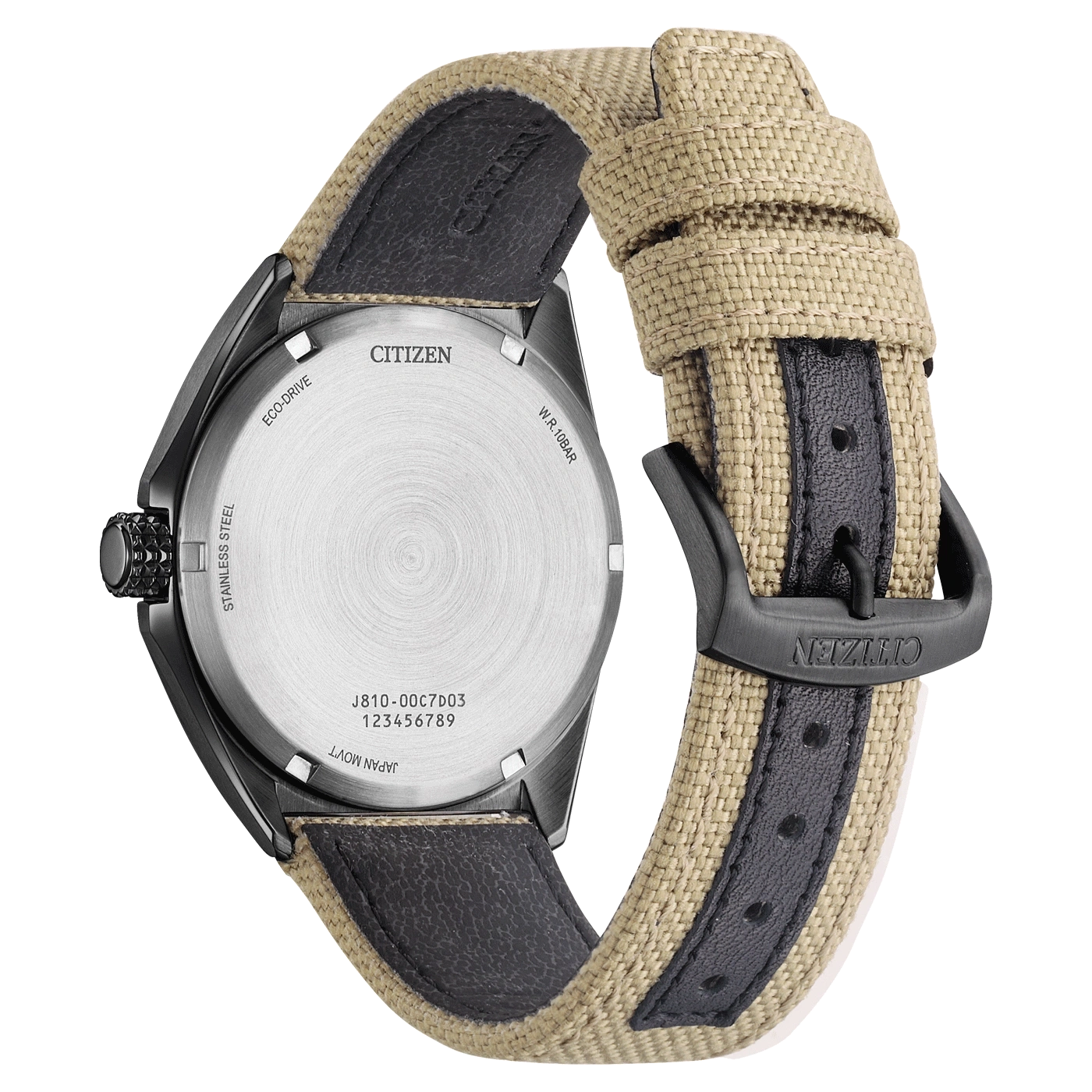 Citizen horlogerug met details: Eco-Drive, roestvrij staal, W.R. 10BAR, Japan Movt.
