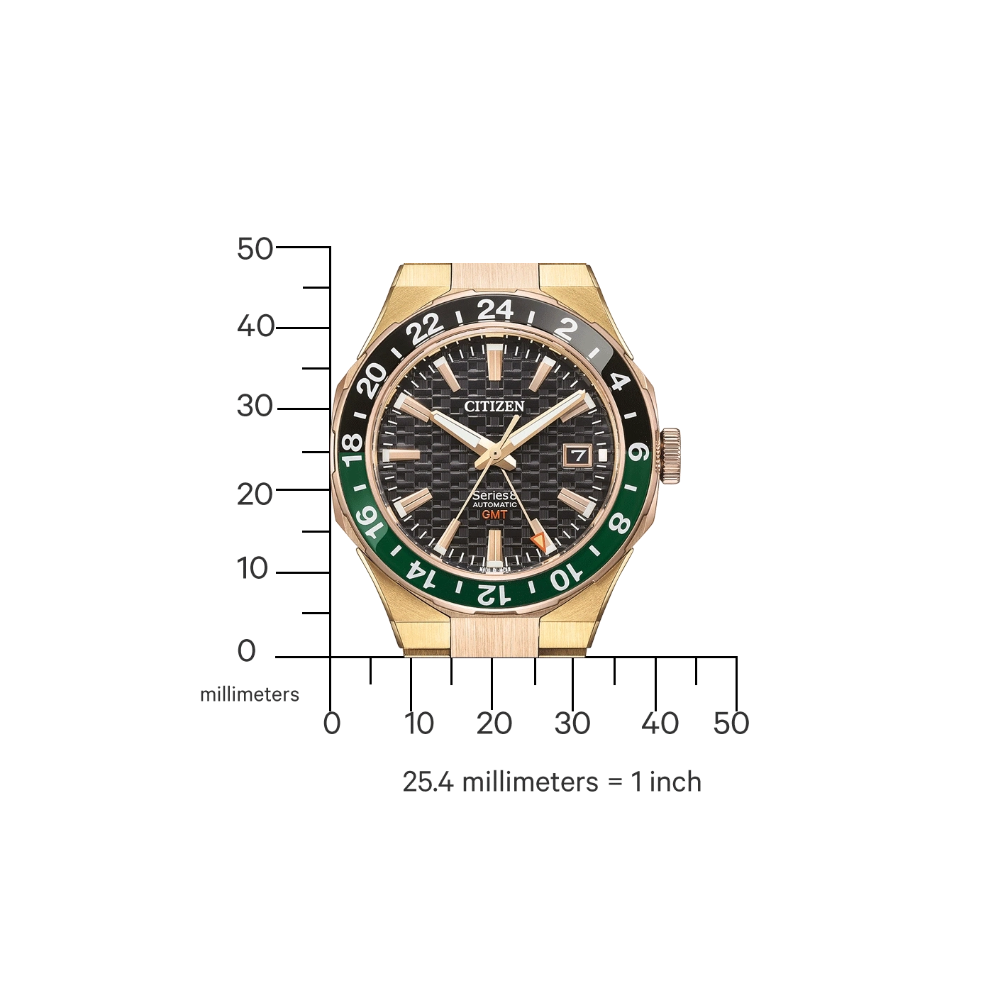 Citizen horloge met gouden kast, zwarte en groene bezel en zwarte wijzerplaat.