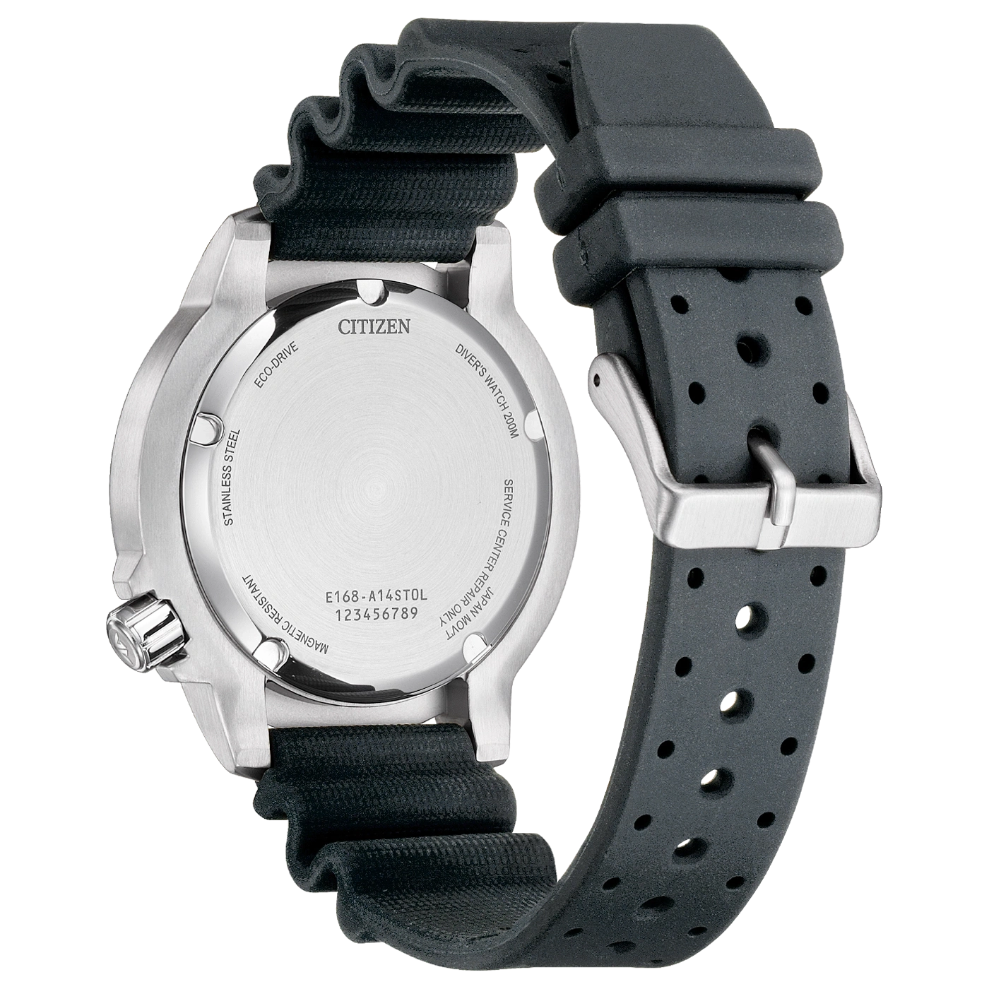 Citizen duikhorloge met zwarte rubberen band, toont details achterkant kast.