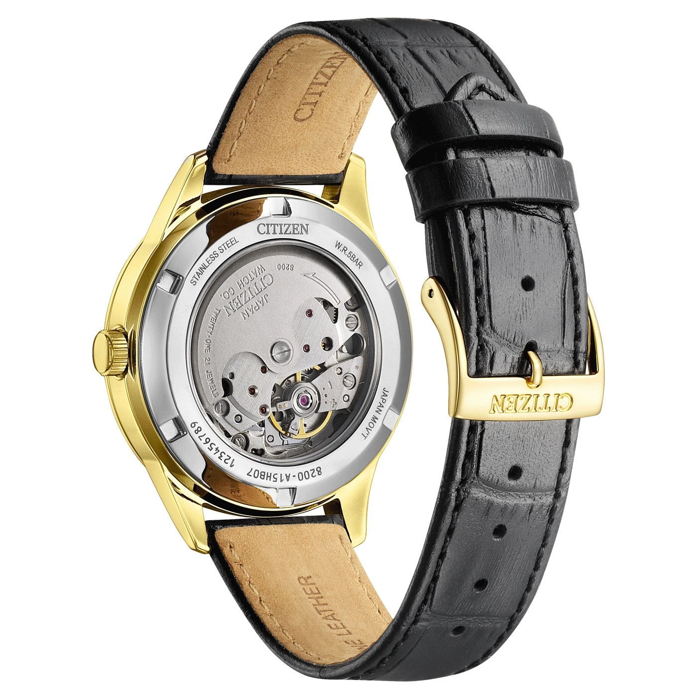 Citizen horloge met gouden kast en zwarte leren band, achterkant zichtbaar.