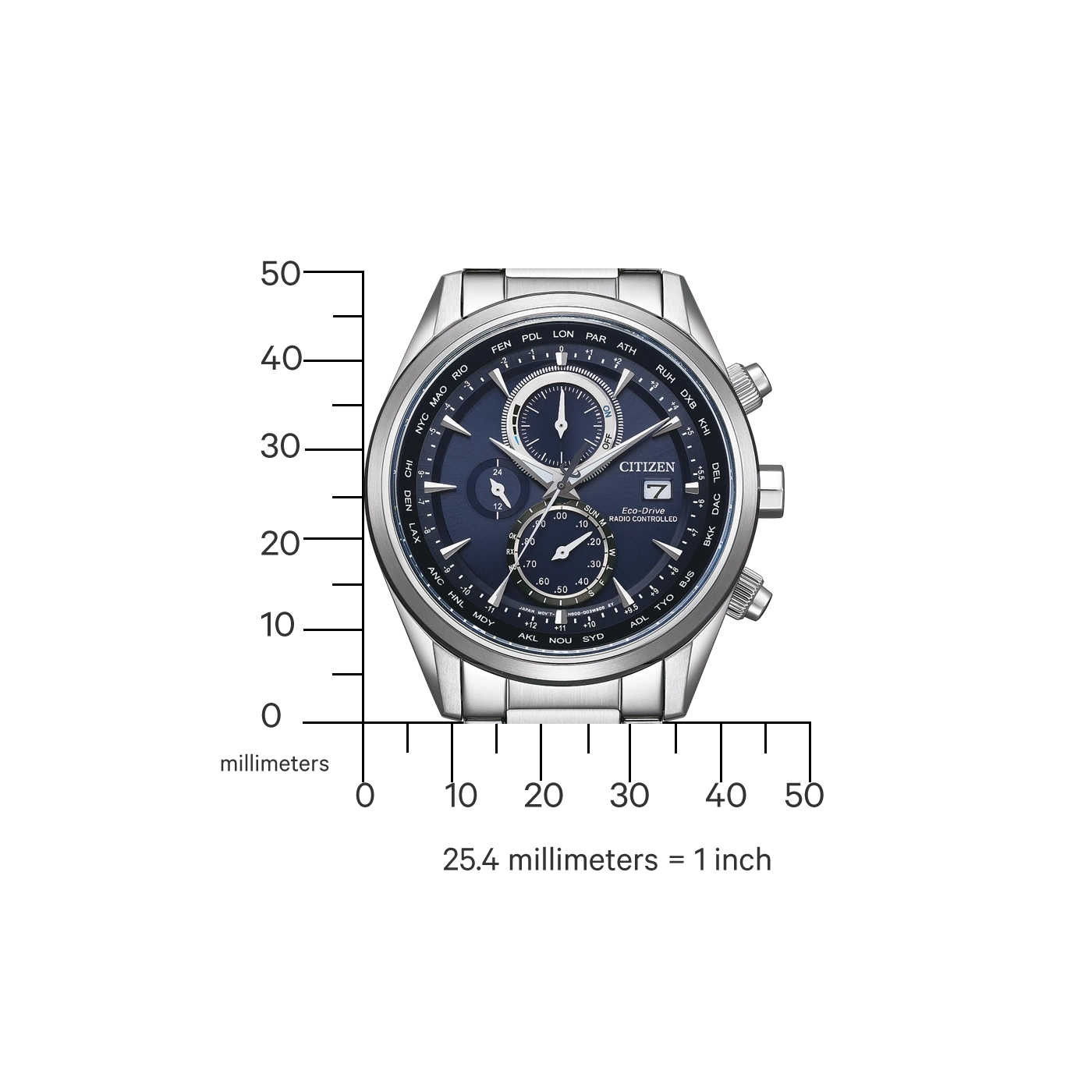 Citizen horloge met blauwe wijzerplaat, zilveren band en tijdzone-indicatoren.
