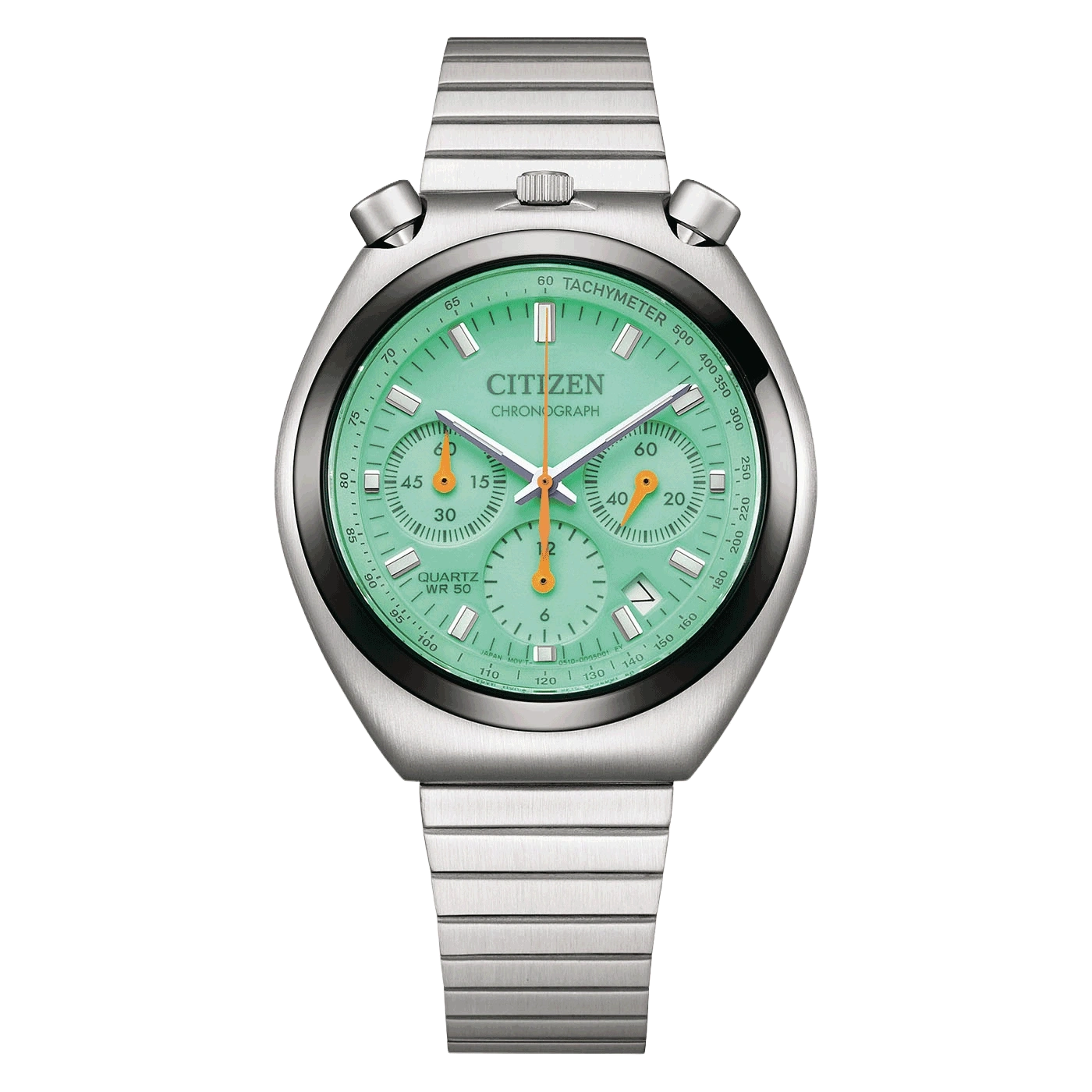 Een muntgroen Citizen chronograaf horloge met een roestvrijstalen band.