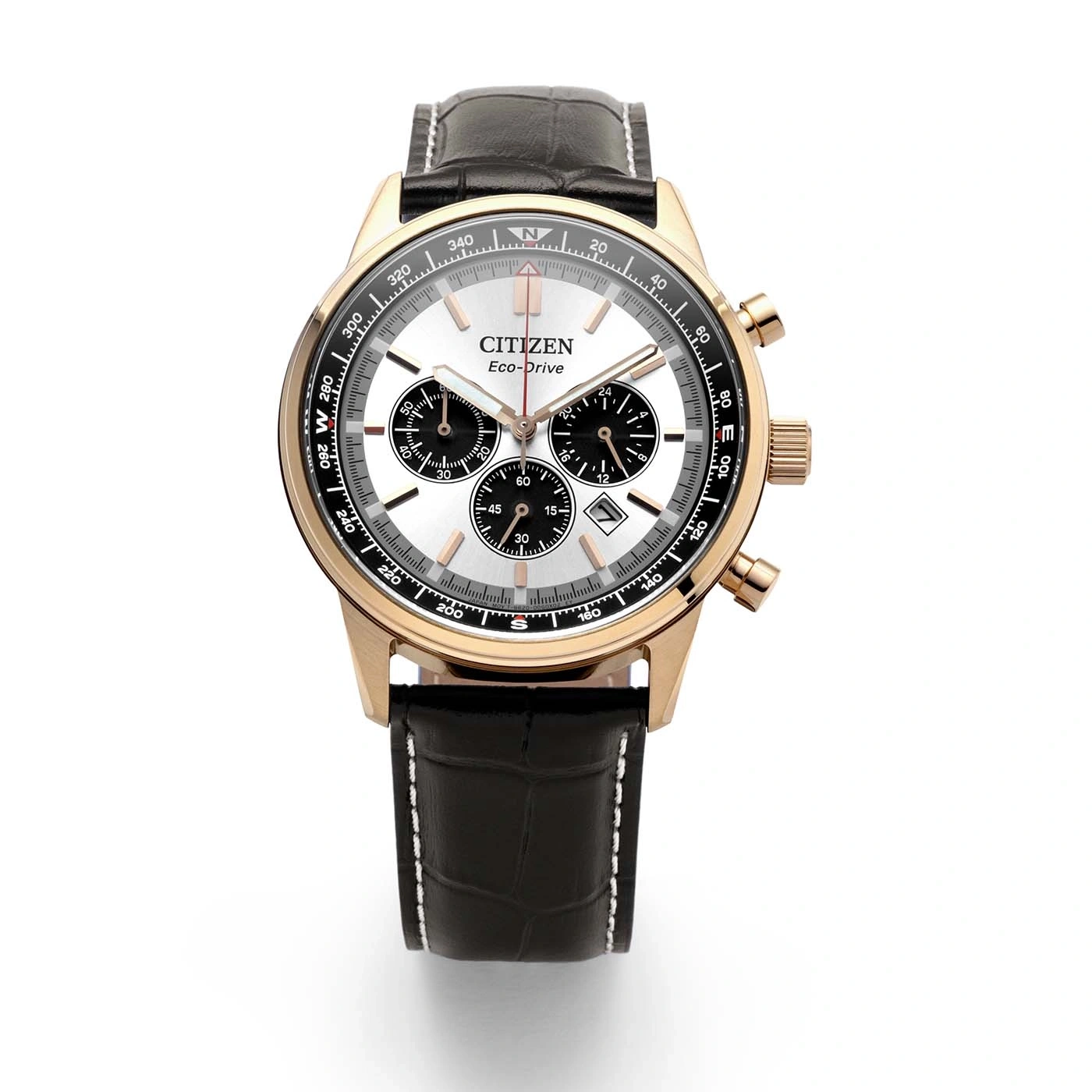 Een roségouden Citizen Eco-Drive horloge met witte wijzerplaat en zwart leren band.