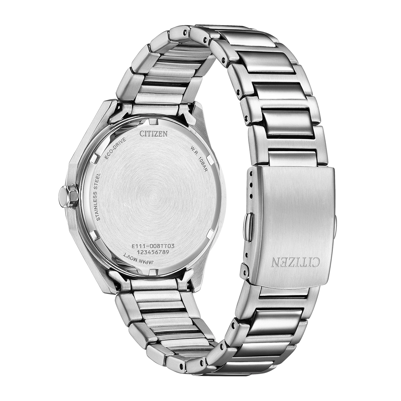 Achterkant van een roestvrijstalen Citizen Eco-Drive horloge met modelnummer E111-008TT03.
