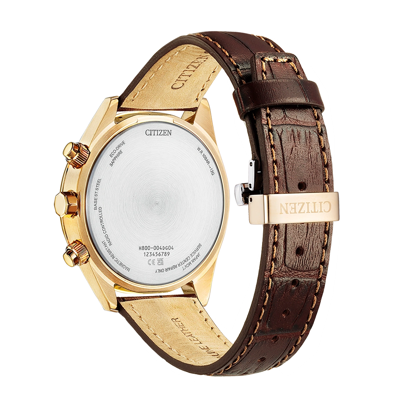 Citizen horloge, gouden kast, bruine leren band, Eco-Drive, saffierglas.
