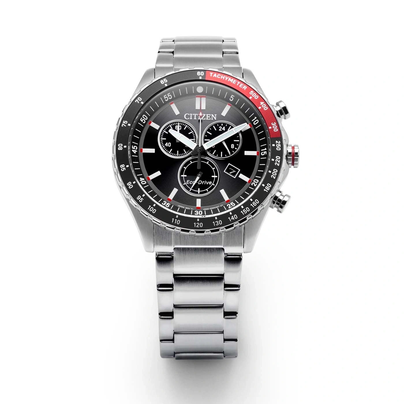 Een Citizen Eco-Drive chronograaf horloge met zwarte wijzerplaat en tachymeter bezel.