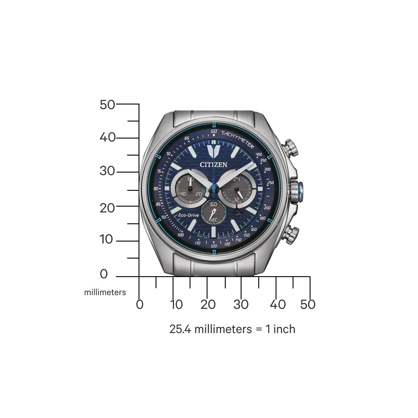 Citizen horloge met blauwe wijzerplaat, tachymeter en Eco-Drive technologie.