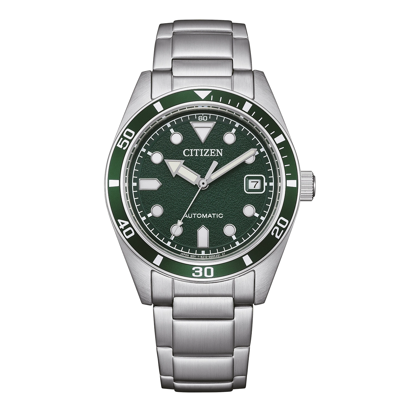 Een groen Citizen automatisch horloge met metalen band.