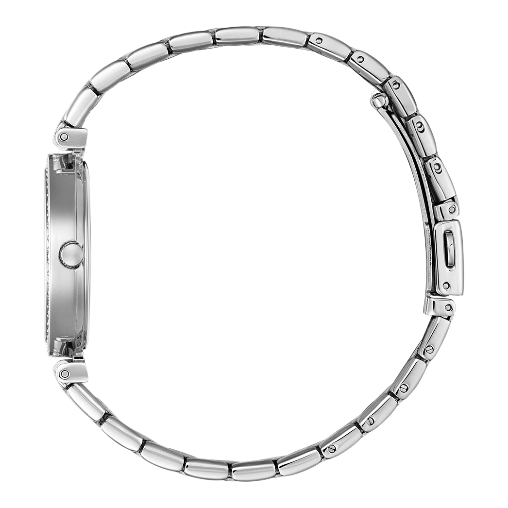 Zilveren horloge met een ronde wijzerplaat en een delicate armband, zijaanzicht.
