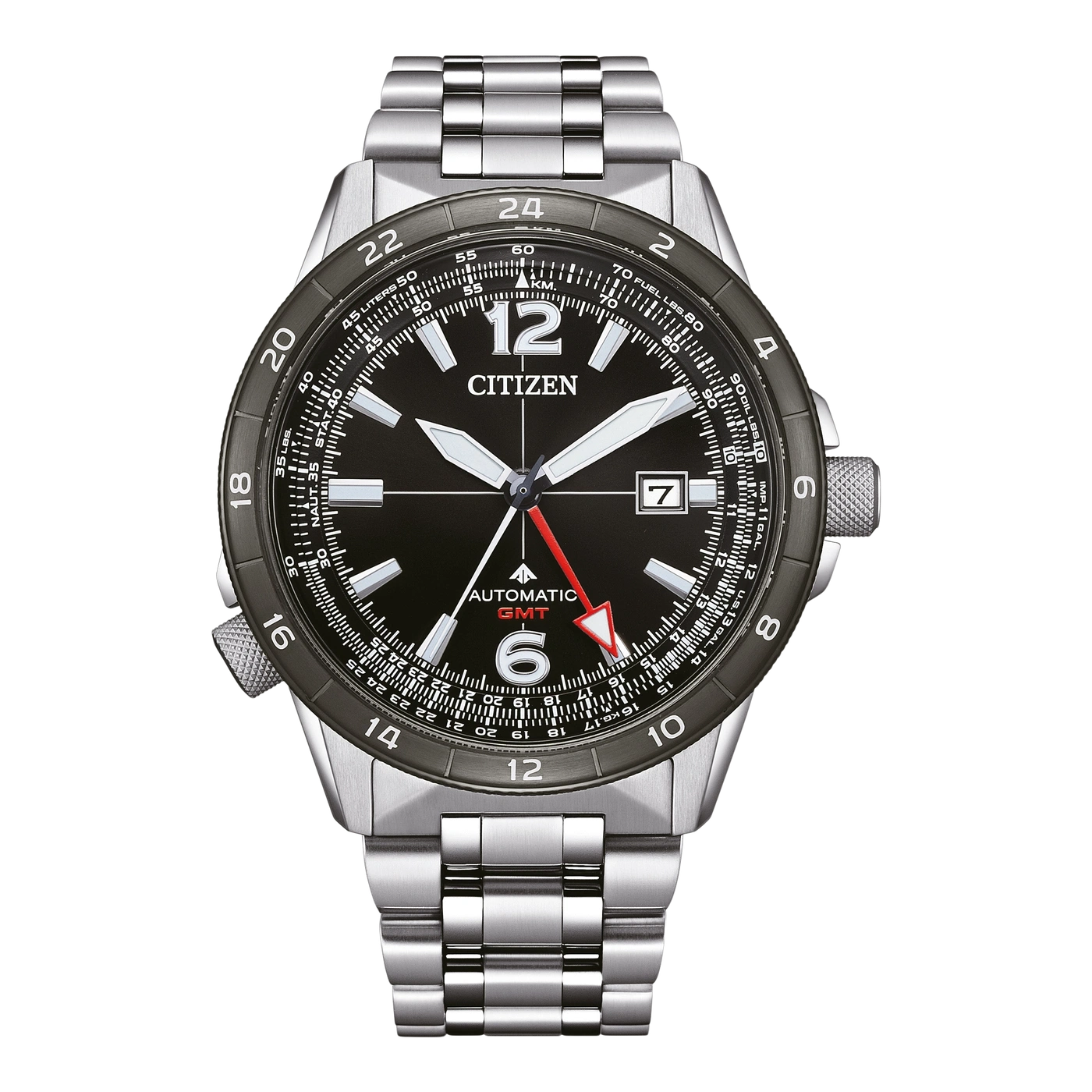 Citizen horloge met zwarte wijzerplaat, zilveren armband en GMT-functie, die tijd en datum toont.