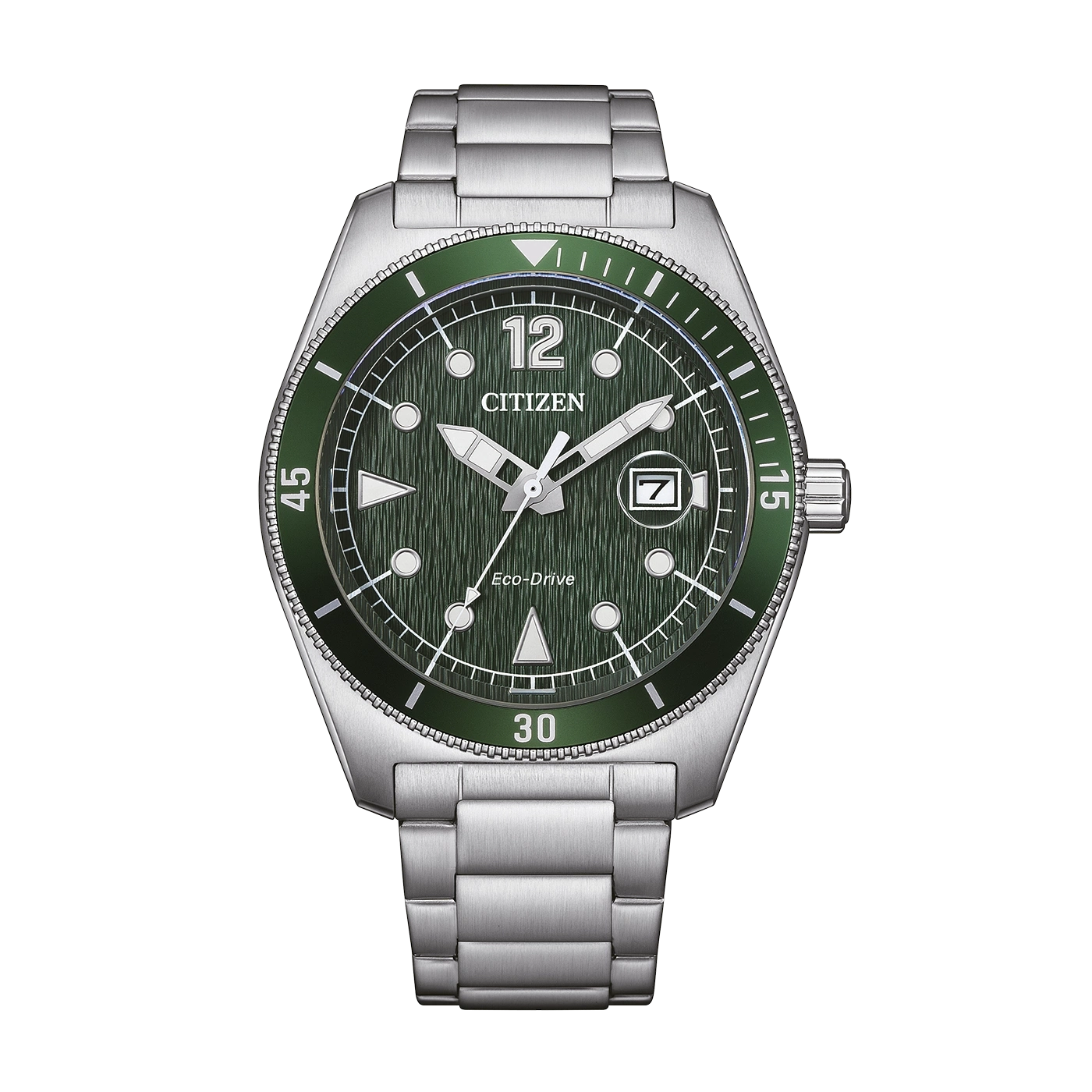 Een groene Citizen Eco-Drive horloge met metalen band.