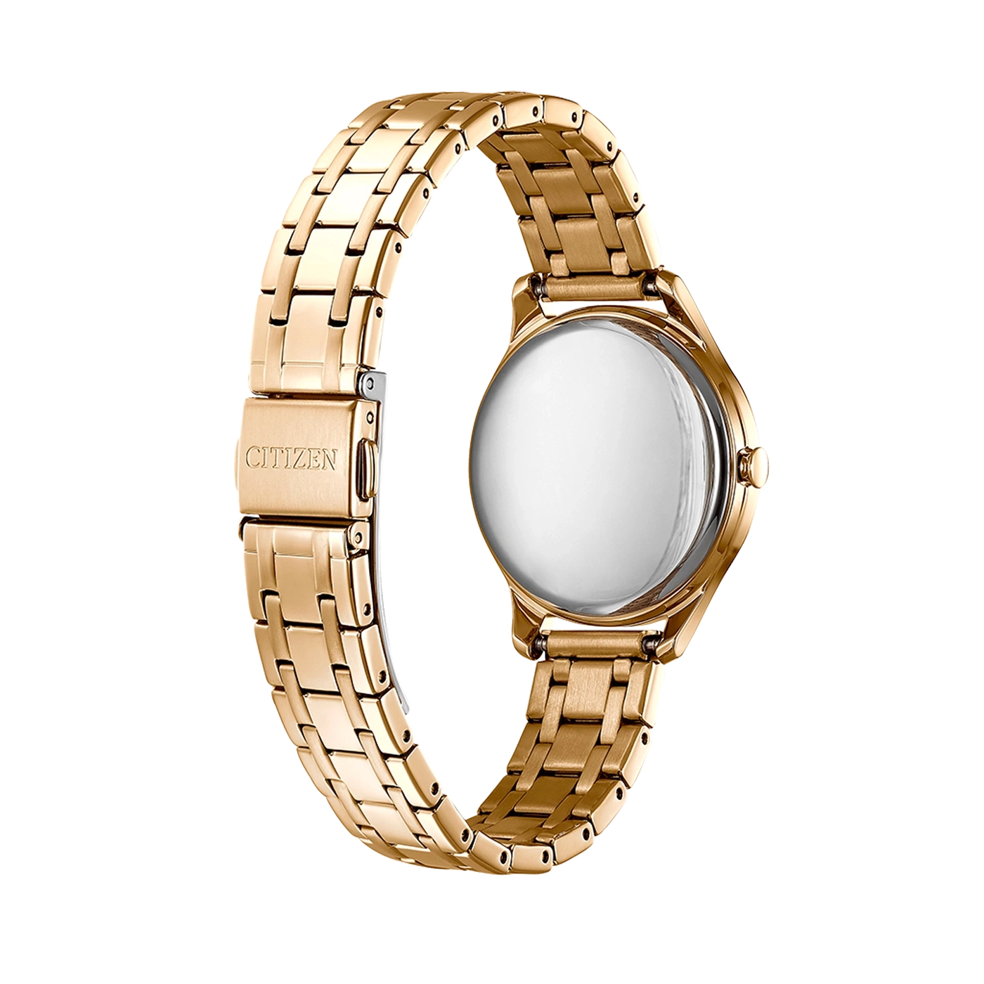 Gouden Citizen horloge, achteraanzicht, met details van sluiting en band.