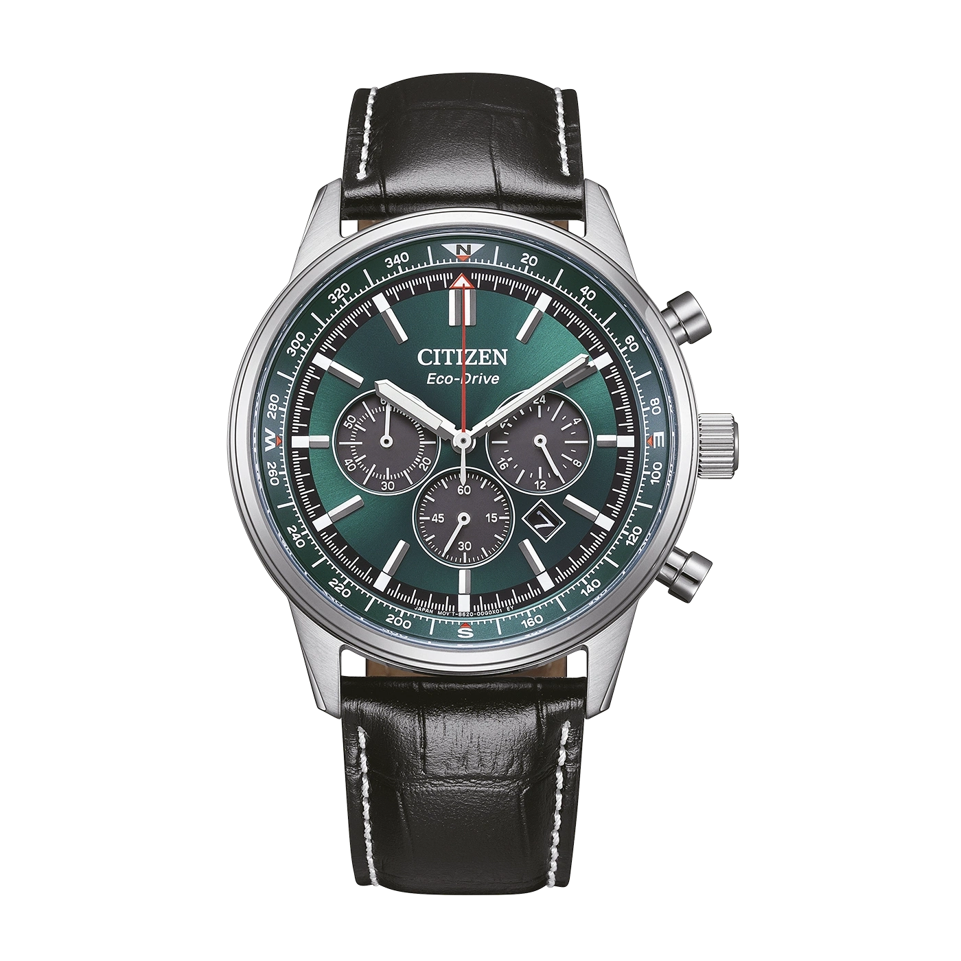 Een groene Citizen Eco-Drive chronograaf horloge met een zwart leren bandje.