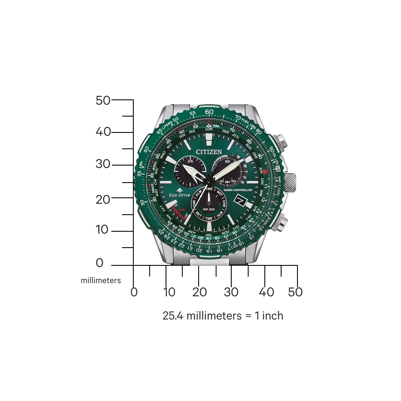 Citizen horloge met groene wijzerplaat en zilveren kast, toont tijd en functies.