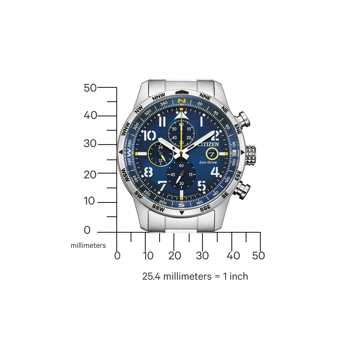 Citizen horloge met blauwe wijzerplaat, chronograaf en kompasmarkeringen, gemeten in millimeters.