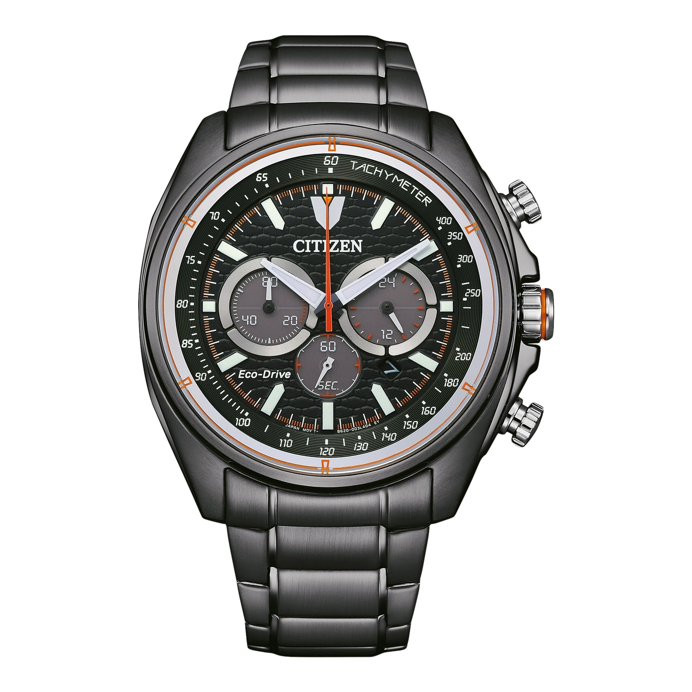 Zwart Citizen horloge met oranje accenten en chronograaf functies.