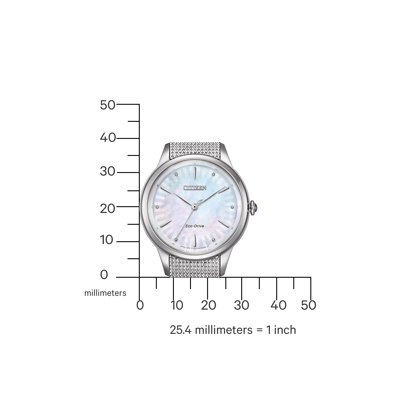 Citizen horloge met millimeterschaal en conversie naar inches, toont de grootte.