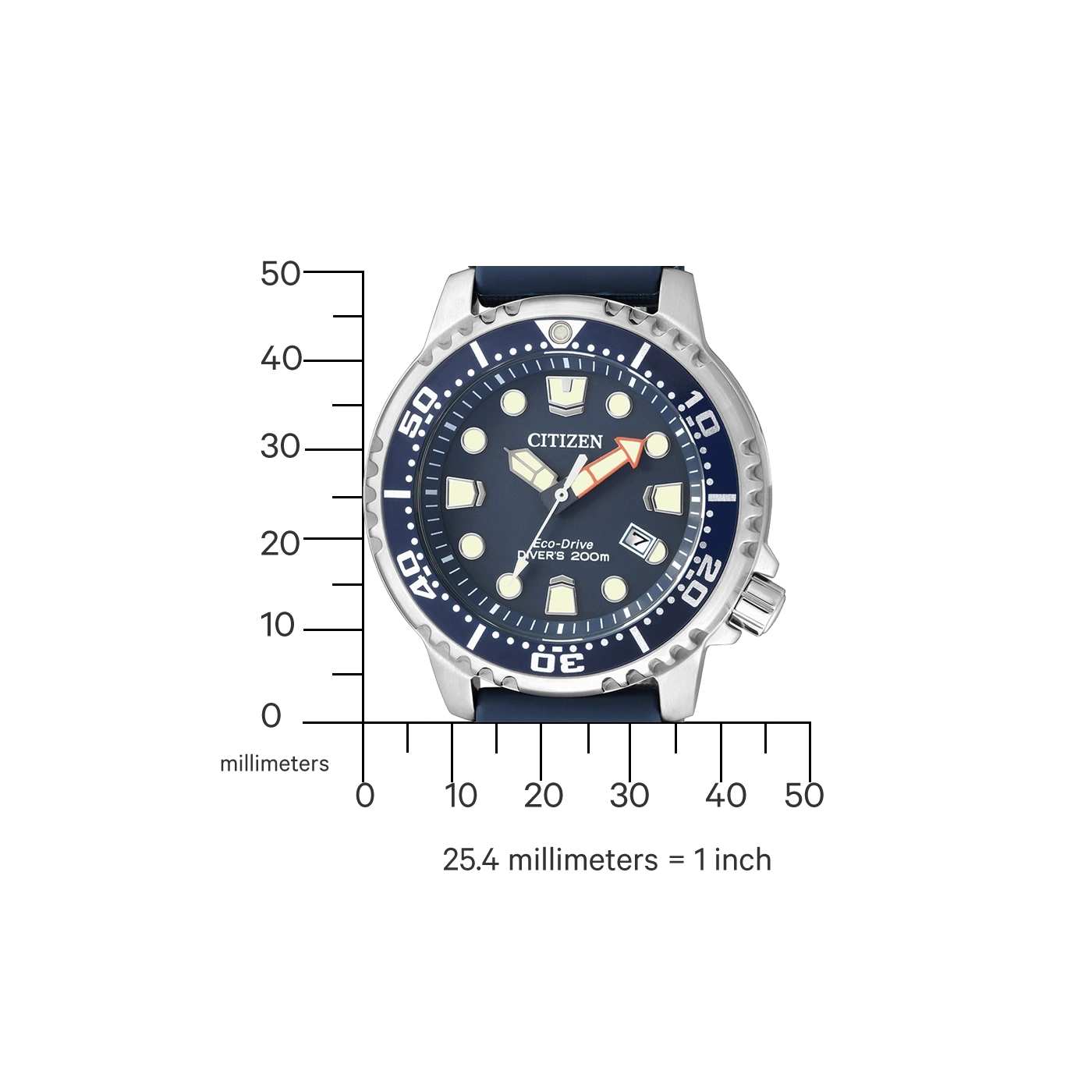Citizen horloge met blauwe wijzerplaat en bezel, tijd en datum, met schaal.