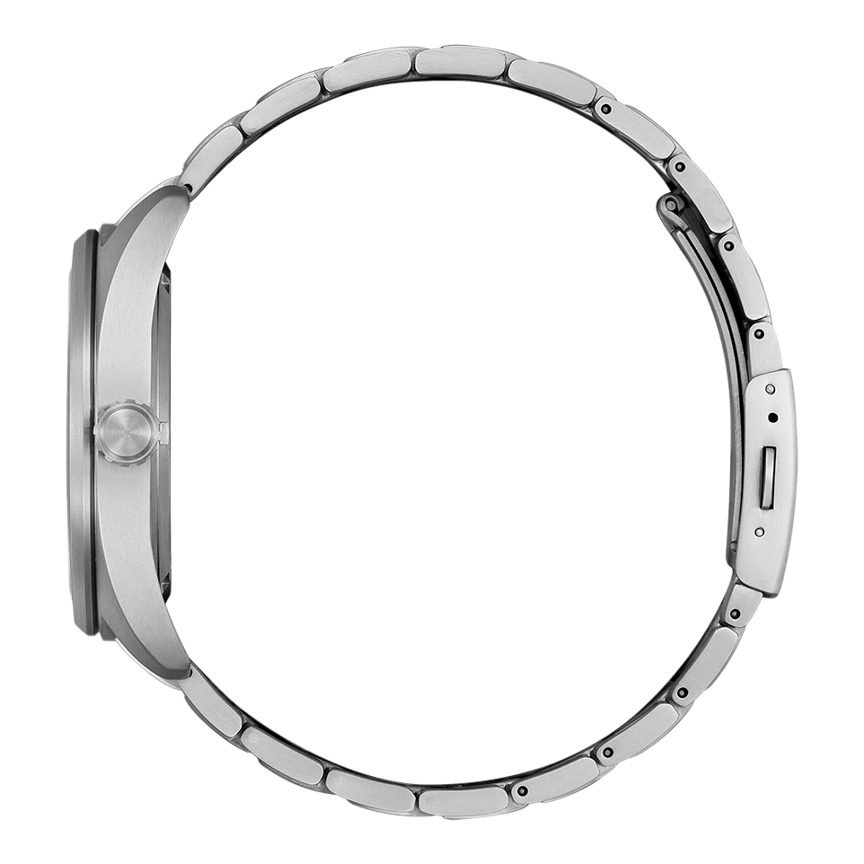 Zilveren horloge met een cirkelvormige band en een zijaanzicht van de wijzerplaat.