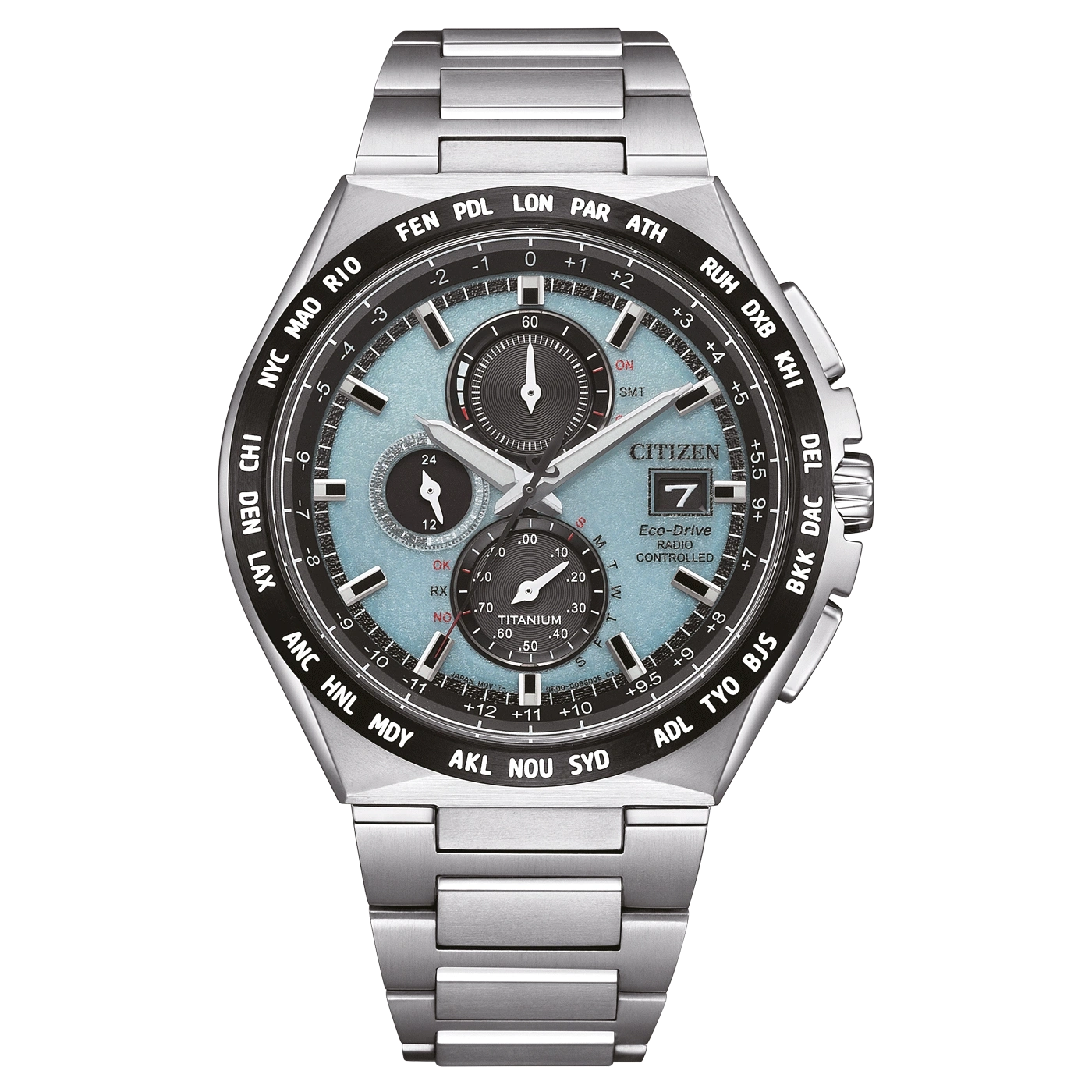 Citizen horloge met wereldtijd, titanium, Eco-Drive, radiogestuurd, blauwe wijzerplaat.