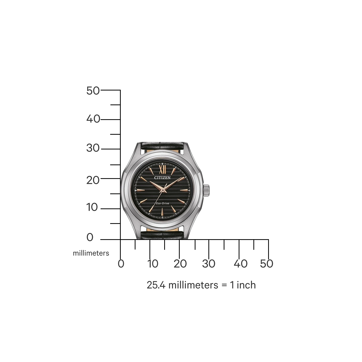 Citizen horloge met zwarte wijzerplaat en zilveren kast, meetschaal in millimeters.