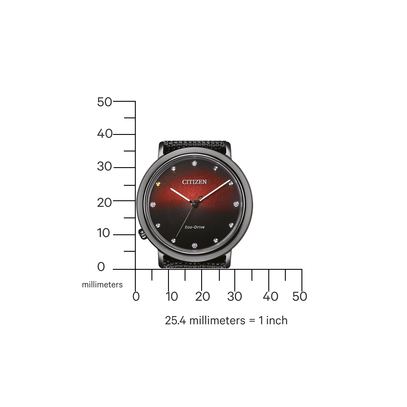 Citizen horloge met zwarte en rode wijzerplaat, diamanten en zwarte band.