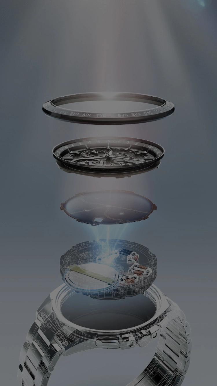 Exploded view van een horloge, met zijn interne componenten en lagen.