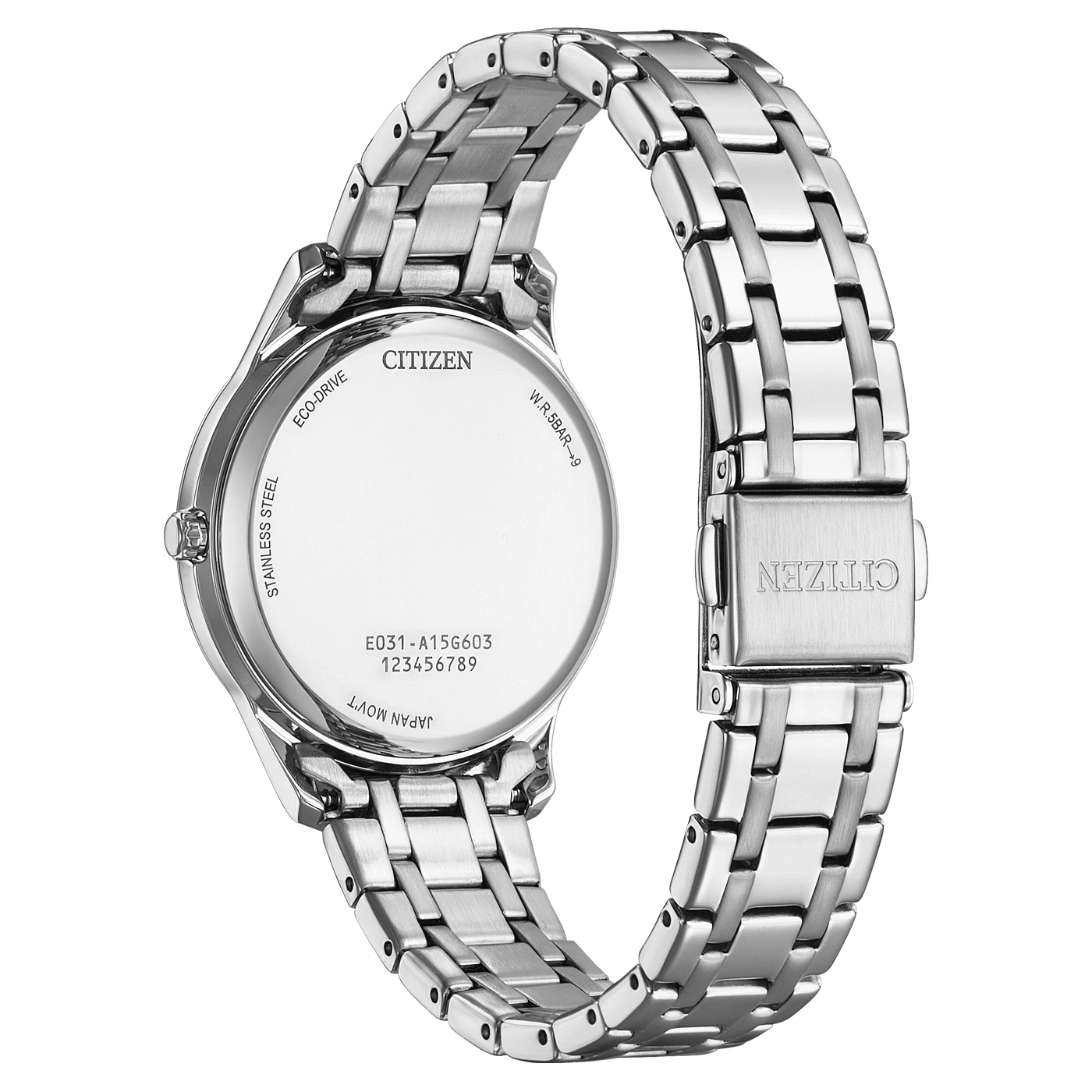 Citizen horlogerug, roestvrij staal, Eco-Drive, Japan Mov't, W.R.5BAR-9, modelnummer.