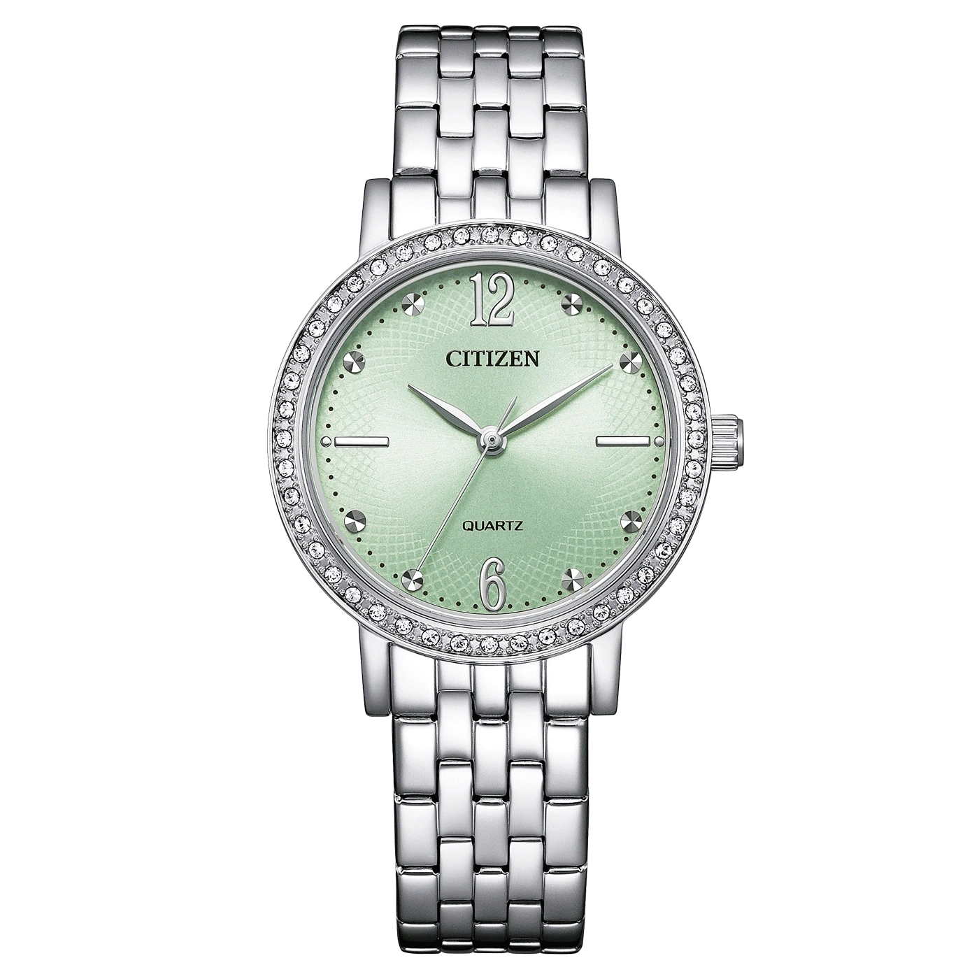Citizen horloge met groene wijzerplaat en zilveren band, quartz uurwerk.
